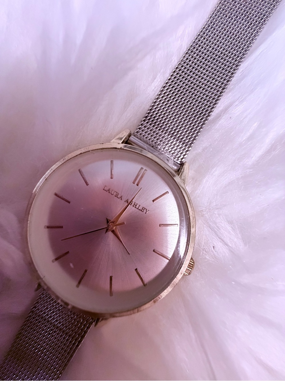Laura Ashley Silver Mesh Watch with Pink Sunray Dial